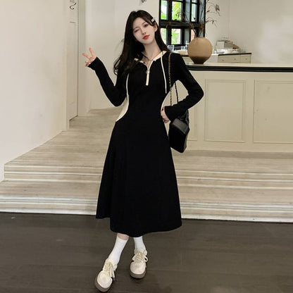 Long-Sleeve Hooded Plain Contrast Trim Midi A-Line Dress