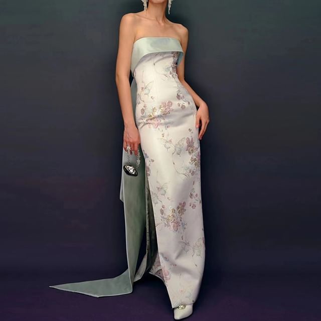 Floral Sheath Print Gown Slit Bow Evening Strapless Back