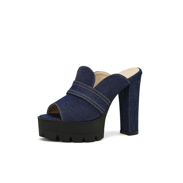 Denim Washed Sandals Heel Chunky