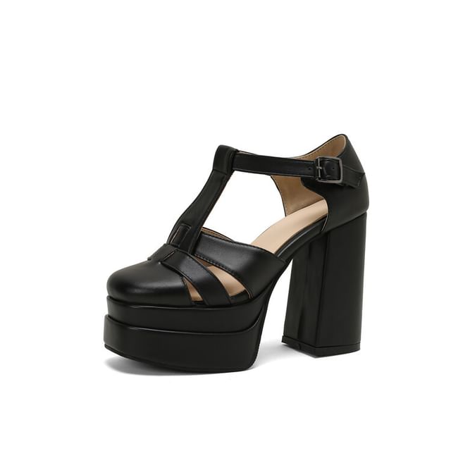Faux Sandals Buckled Chunky Plain Heel Leather