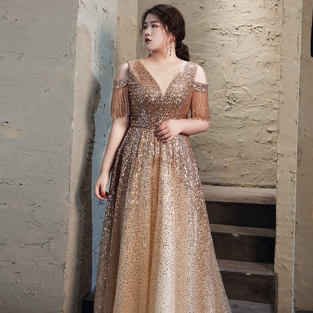 Plus Size Cold-Shoulder Sequin Fringed A-Line Evening Gown