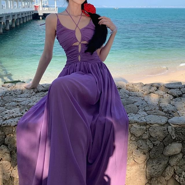 Maxi Dress Spaghetti Plain A-Line Strap Scoop Neck