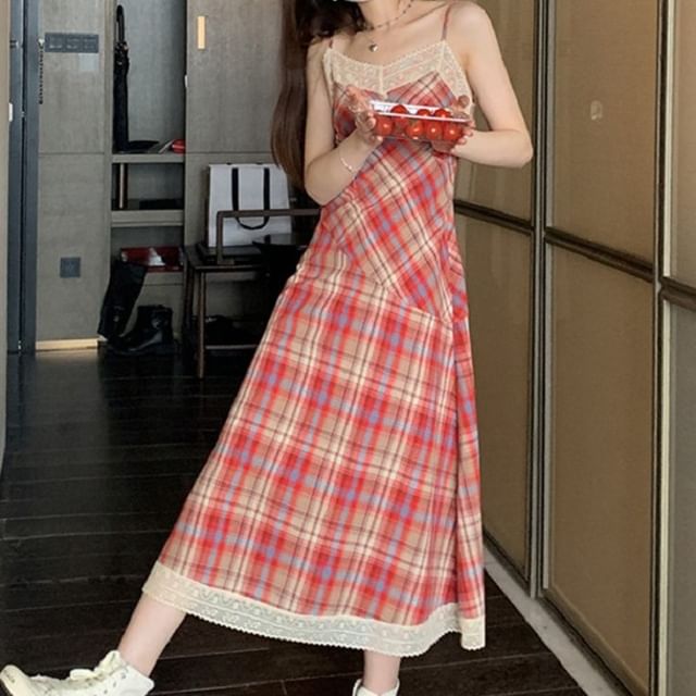 Spaghetti Trim Strap Lace A-Line Midi Dress Plaid