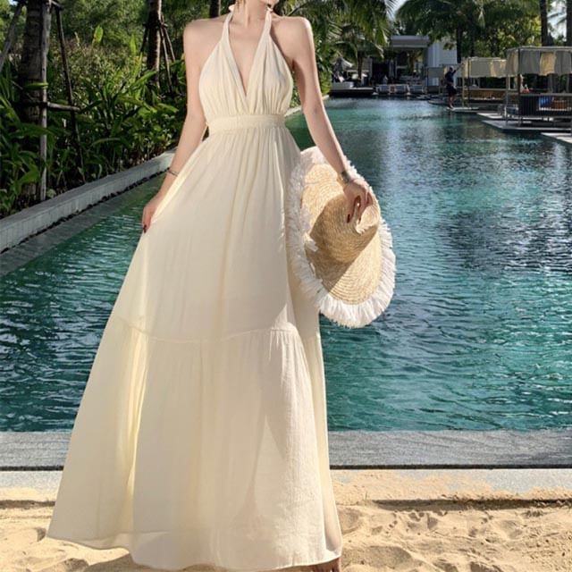 Dress Halter V-Neck Maxi A-Line Plain