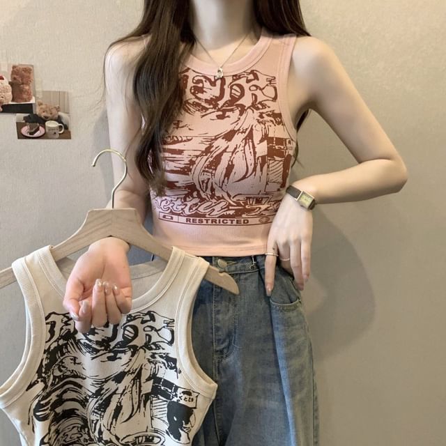 Tank Round Top Crop Graphic Print Neck