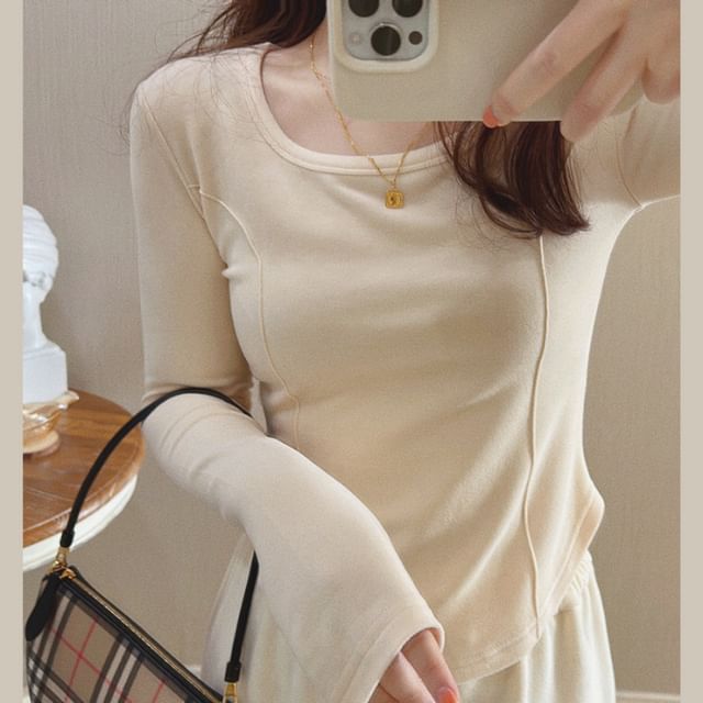 Plain T-Shirt Asymmetrical Long-Sleeve Neck Scoop