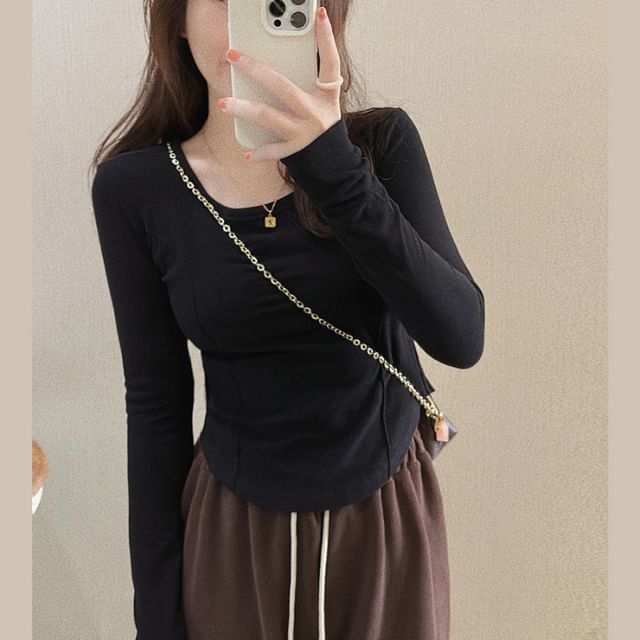 Plain T-Shirt Asymmetrical Long-Sleeve Neck Scoop