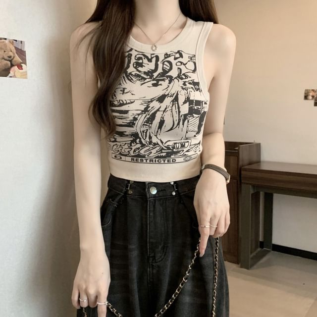 Tank Round Top Crop Graphic Print Neck