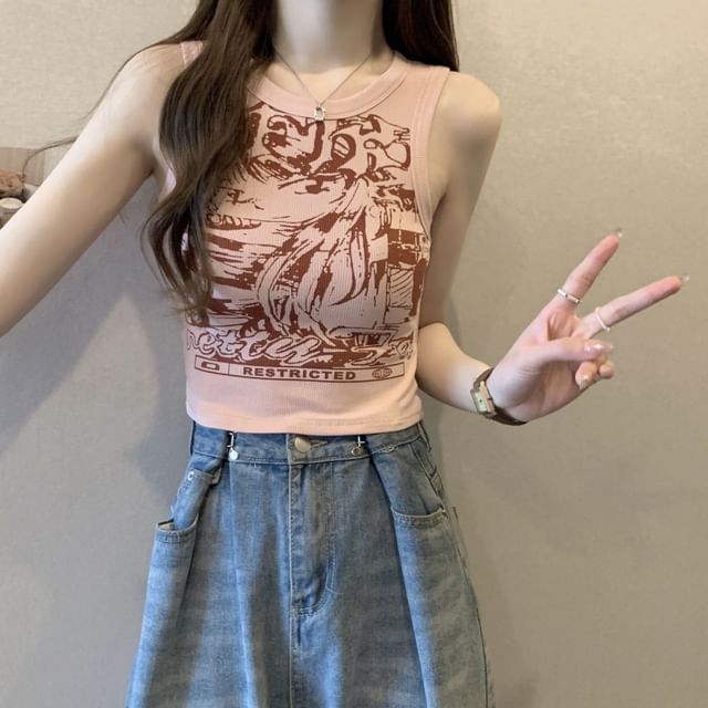 Tank Round Top Crop Graphic Print Neck