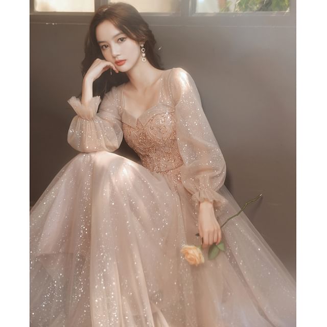 Mesh Sequin Dress Evening Puff-Sleeve V-Neck Gown / A-Line
