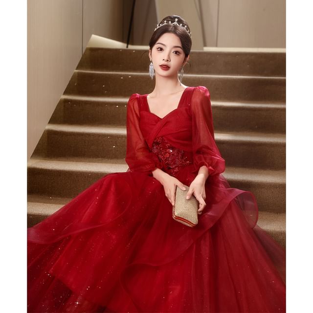 (Various A-Line Mesh Evening Gown Designs)