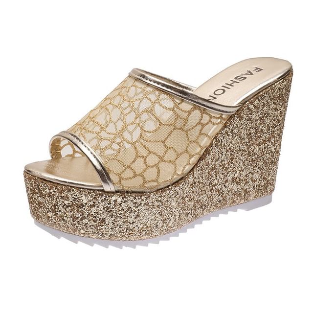 Glitter Wedge Sandals Plain Slide