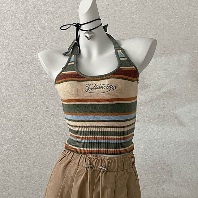 Embroidered Top Halter Striped Letter