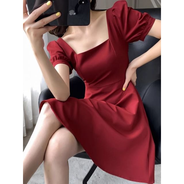 Dress Puff Neck A-Line Mini Sleeve Plain Square