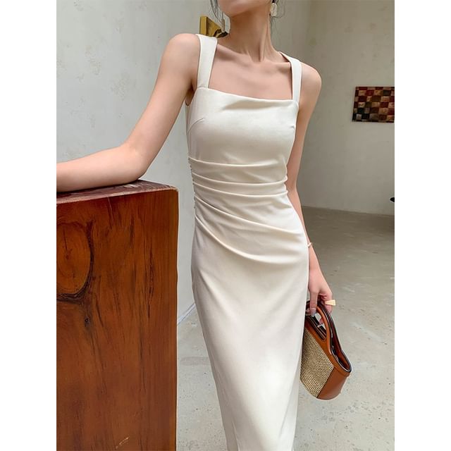 Neck Ruched Midi Sleeveless Plain Sheath Dress Square