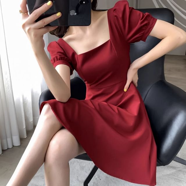 Sleeve Plain Dress Square Puff Mini A-Line Neck
