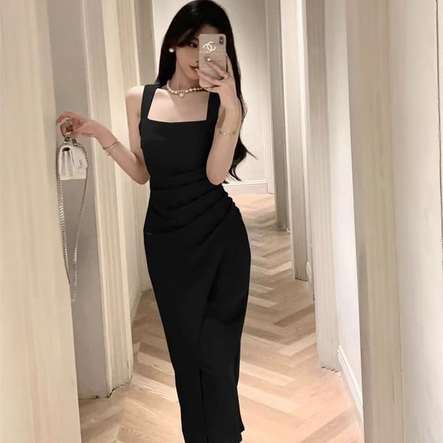 Neck Ruched Midi Sleeveless Plain Sheath Dress Square