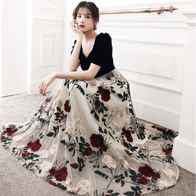 / Floral Gown Sweetheart A-Line Evening Panel Neckline Cocktail Embroidered Dress Short-Sleeve