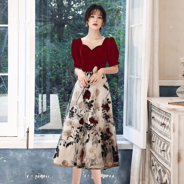 / Floral Gown Sweetheart A-Line Evening Panel Neckline Cocktail Embroidered Dress Short-Sleeve