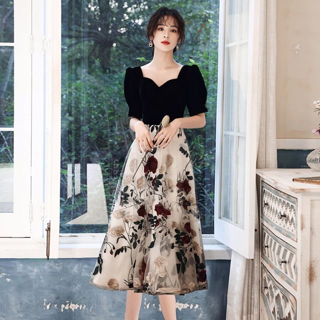 / Floral Gown Sweetheart A-Line Evening Panel Neckline Cocktail Embroidered Dress Short-Sleeve