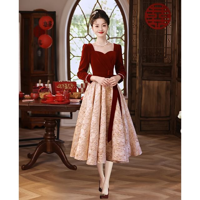 Panel Cocktail Jacquard Gown Evening A-Line Neck Long-Sleeve Velvet Dress Square /