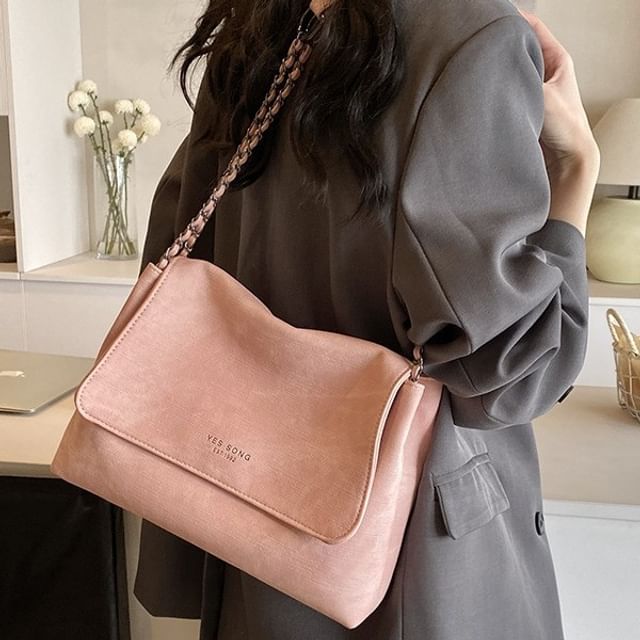 Tote Chain Lettering Flap Faux Bag Leather Strap