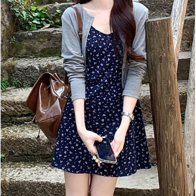 / Dress Spaghetti A-Line Crop Cardigan Floral Melange Strap Mini