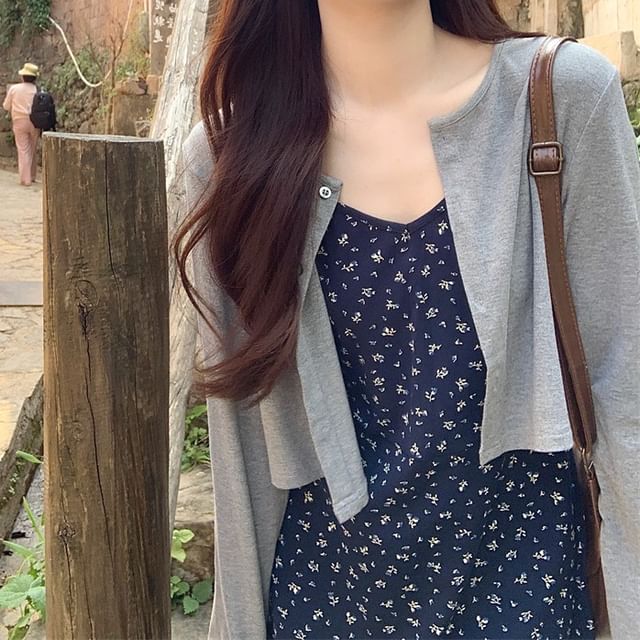 / Dress Spaghetti A-Line Crop Cardigan Floral Melange Strap Mini