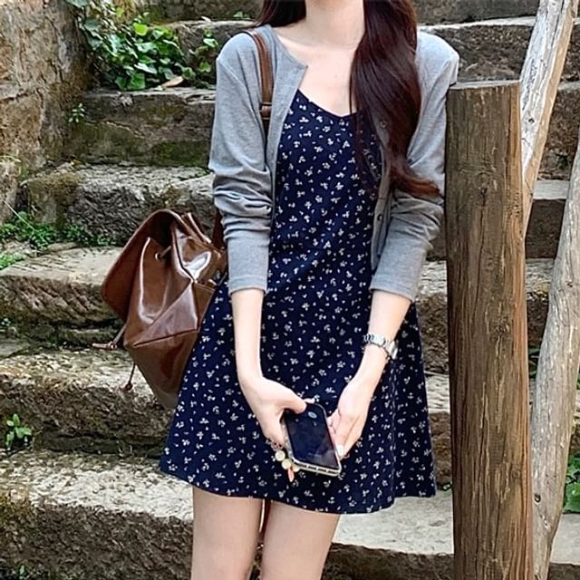 / Dress Spaghetti A-Line Crop Cardigan Floral Melange Strap Mini