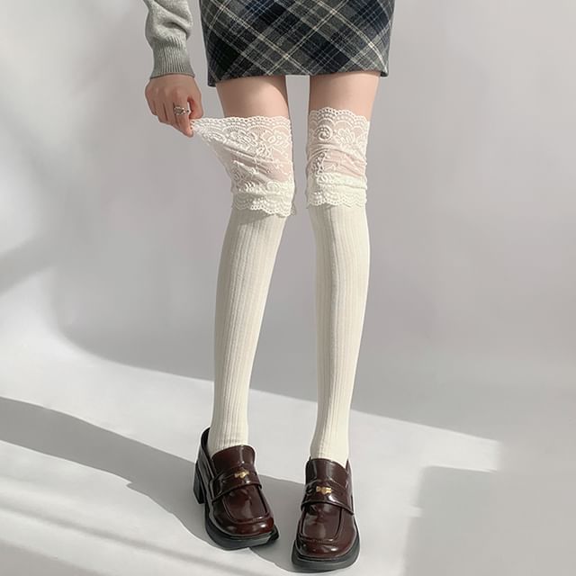 Plain Panel Lace Over The Knee Socks