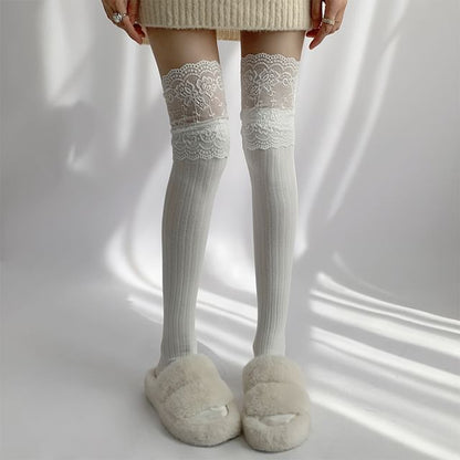 Plain Panel Lace Over The Knee Socks