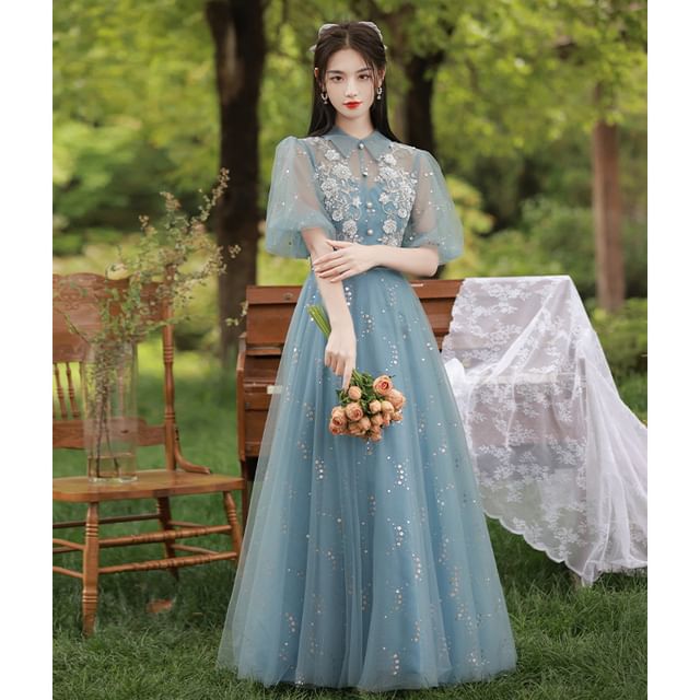 A-Line Gown Evening Sequin Short-Sleeve Collar