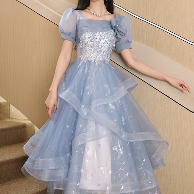 Mesh Print A-Line Embroidered Gown Neck Sleeve / Evening Puff Floral Square Butterfly Dress Cocktail