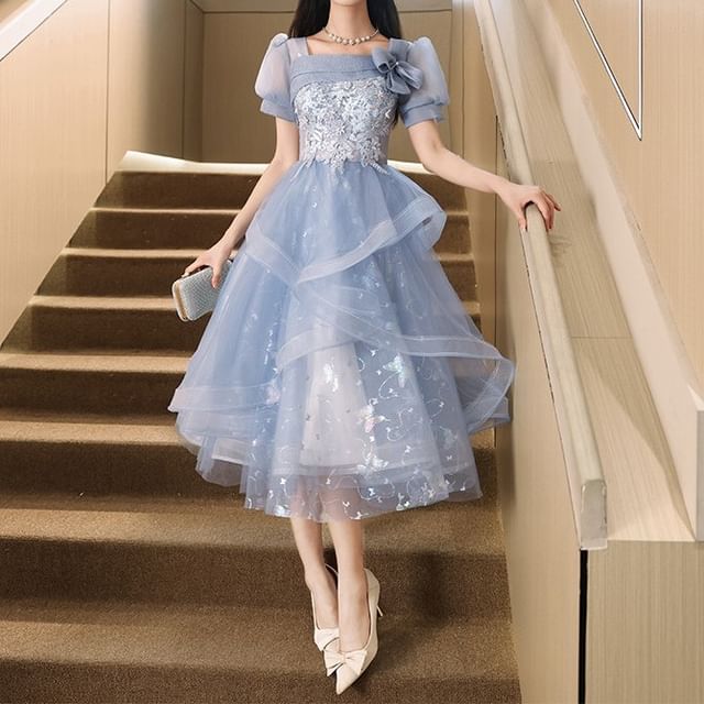 Mesh Print A-Line Embroidered Gown Neck Sleeve / Evening Puff Floral Square Butterfly Dress Cocktail