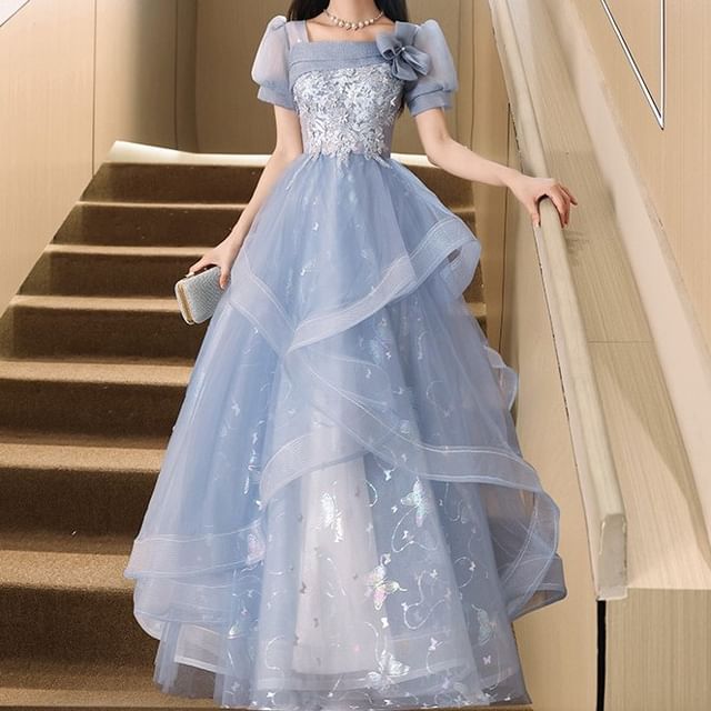 Mesh Print A-Line Embroidered Gown Neck Sleeve / Evening Puff Floral Square Butterfly Dress Cocktail