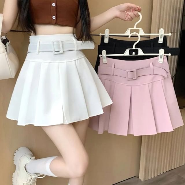 Undershorts Set Waist Skirt Plain Pleated Belt / A-line High Mini