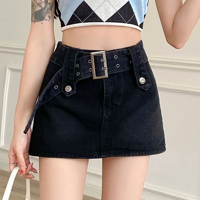 Mini High Denim Waist A-Line Skirt