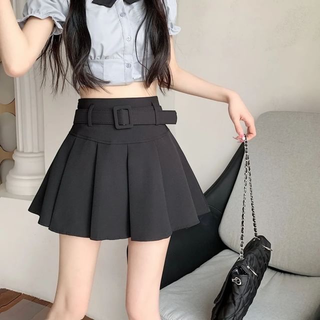 Undershorts Set Waist Skirt Plain Pleated Belt / A-line High Mini