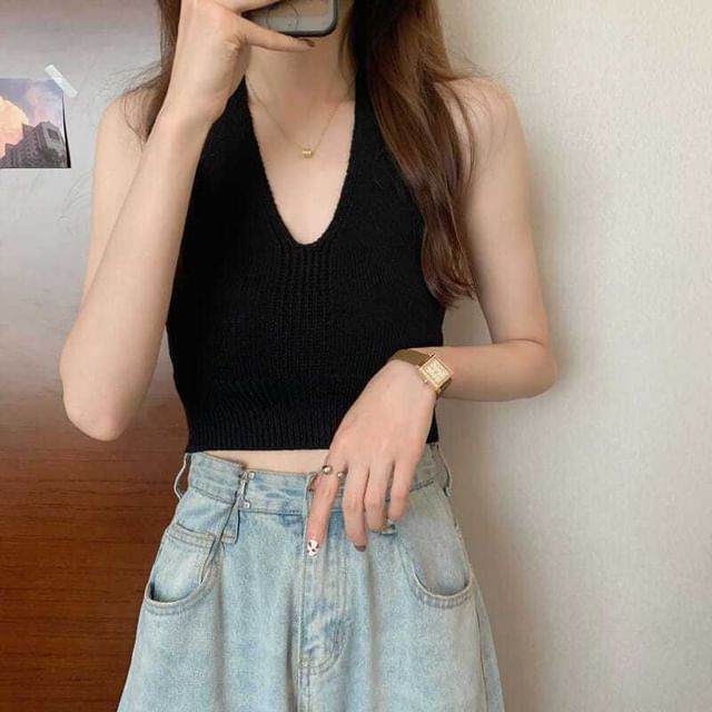 Cropped Top V-Neck Halter Knit Plain