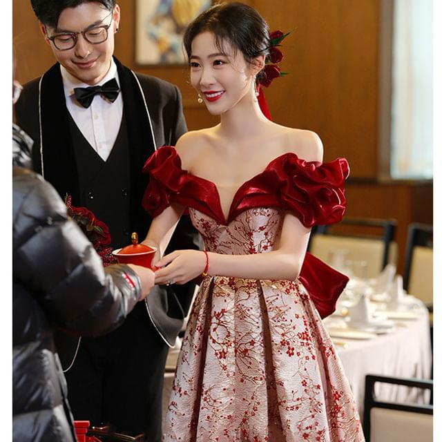 / Floral Off Evening Shoulder Gown Dress A-Line