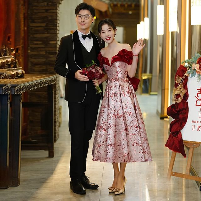 / Floral Off Evening Shoulder Gown Dress A-Line