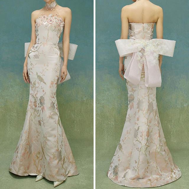 Back Mermaid Gown Floral Evening Bow Halter