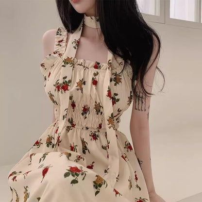 Sleeveless Square Neck Floral Midi A-Line Dress