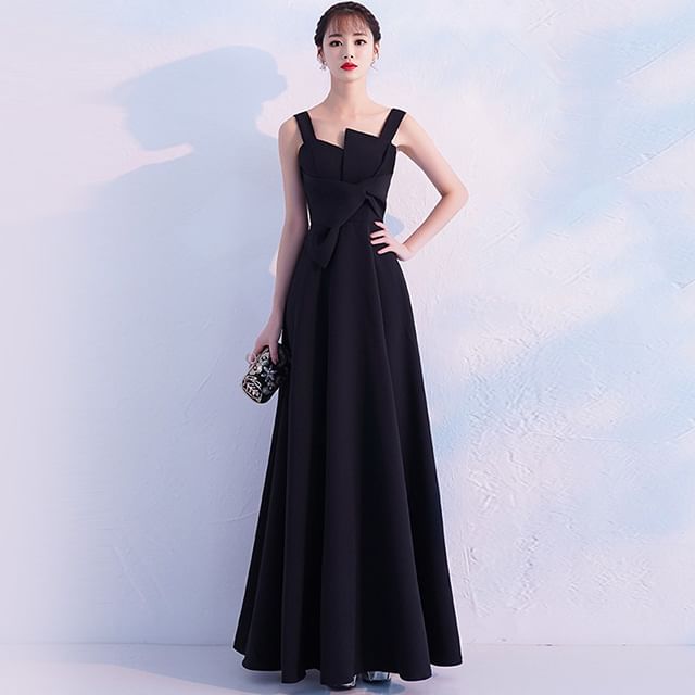 Strap Plain Evening Wide A-Line Asymmetrical Gown / Dress Knotted Cocktail