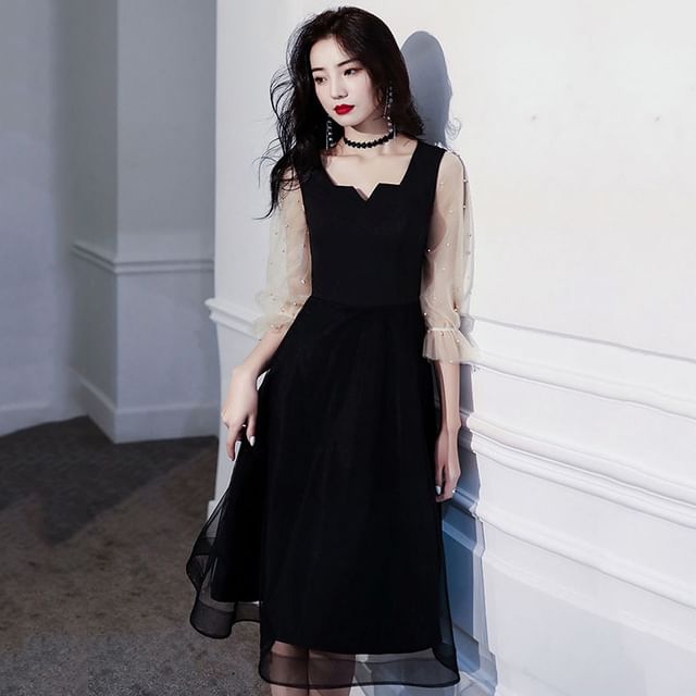 Evening Cocktail Dress Pearl / Mesh A-Line Faux Paneled Square-Neck Puff-Sleeve Gown