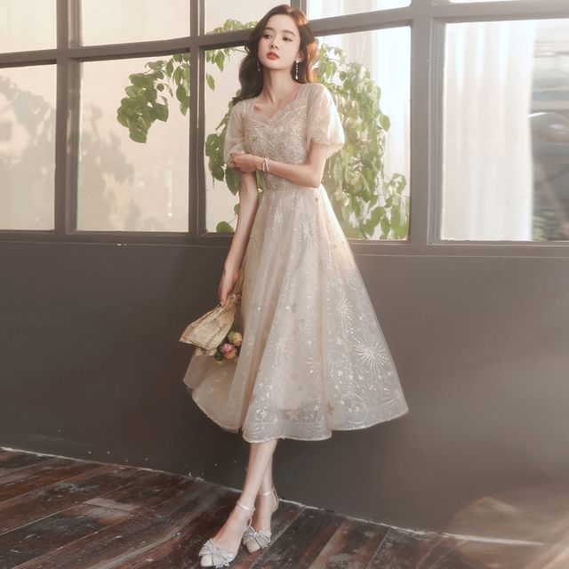 (Various Designs) Puff-Sleeve Gown Evening A-Line Square-Neck Sequined Floral