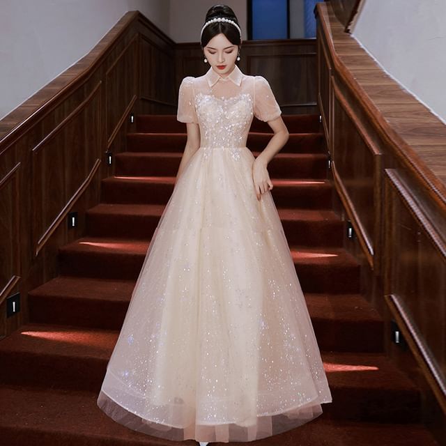 Square-Neck Sequined Floral A-Line Puff-Sleeve Designs) (Various Gown Evening