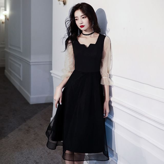 Evening Cocktail Dress Pearl / Mesh A-Line Faux Paneled Square-Neck Puff-Sleeve Gown