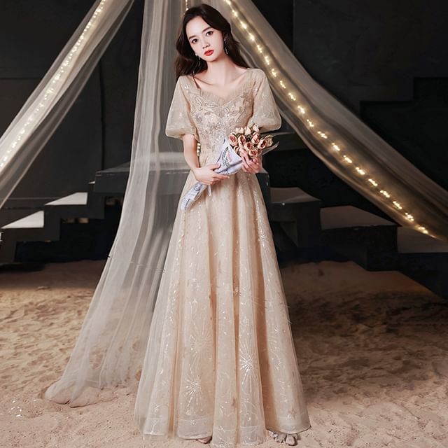 (Various Designs) Puff-Sleeve Gown Evening A-Line Square-Neck Sequined Floral