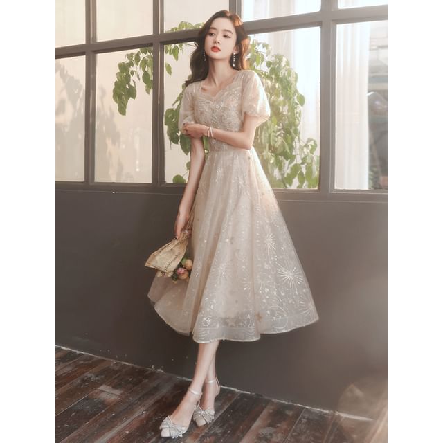 (Various Designs) Puff-Sleeve Gown Evening A-Line Square-Neck Sequined Floral